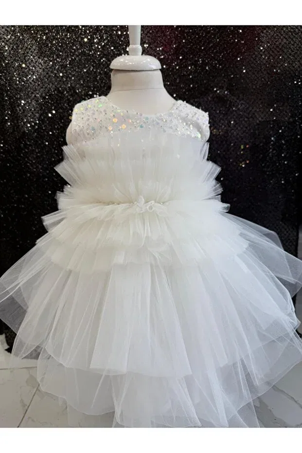 Детское платье для девочек с пышным рукавом Pearl Detail Ruffle Floor Puffy Bonita, White