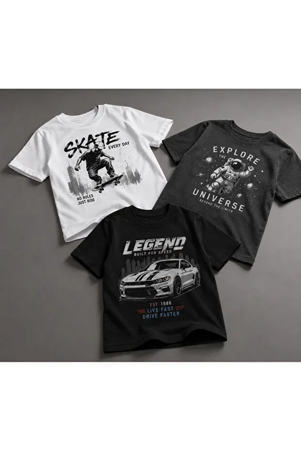 Детский комплект футболок с принтом Skate Explore Vinraus Giyim, White, Anthracite, Black