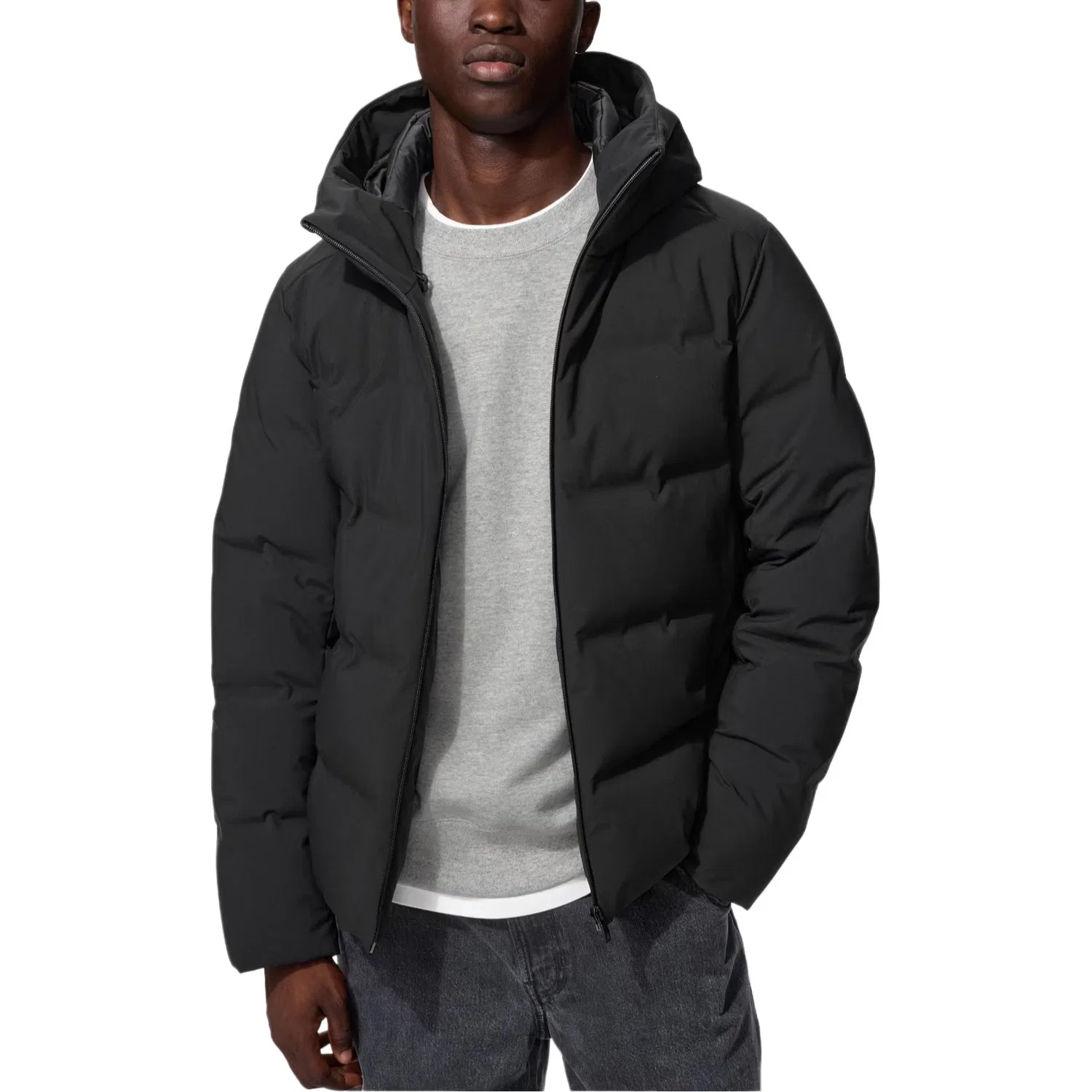 Мужское пуховое пальто с капюшоном, утепленное, Black, UNIQLO