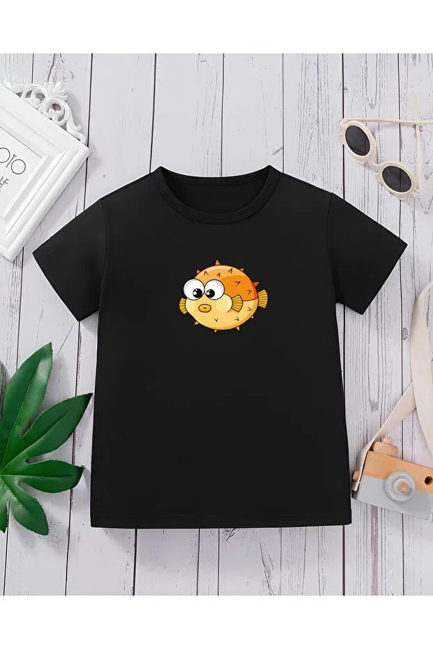 Детская футболка с принтом Premium balloon fish on the run Cda, Black