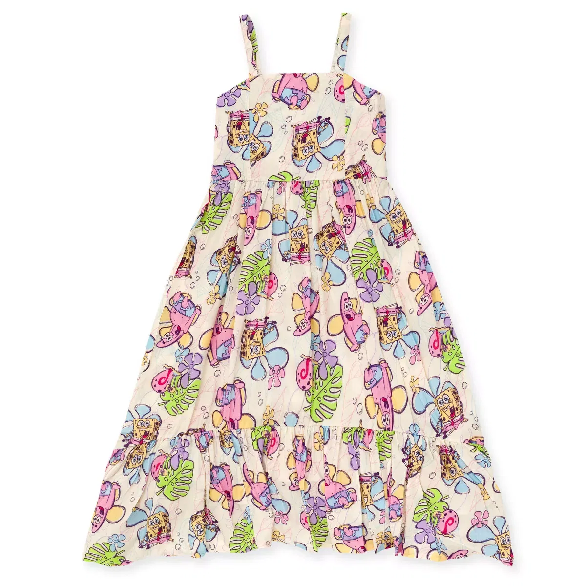Детское платье для девочек с принтом SpongeBob SquarePants Square Neck Smocked Cami Maxi Dress, Off White
