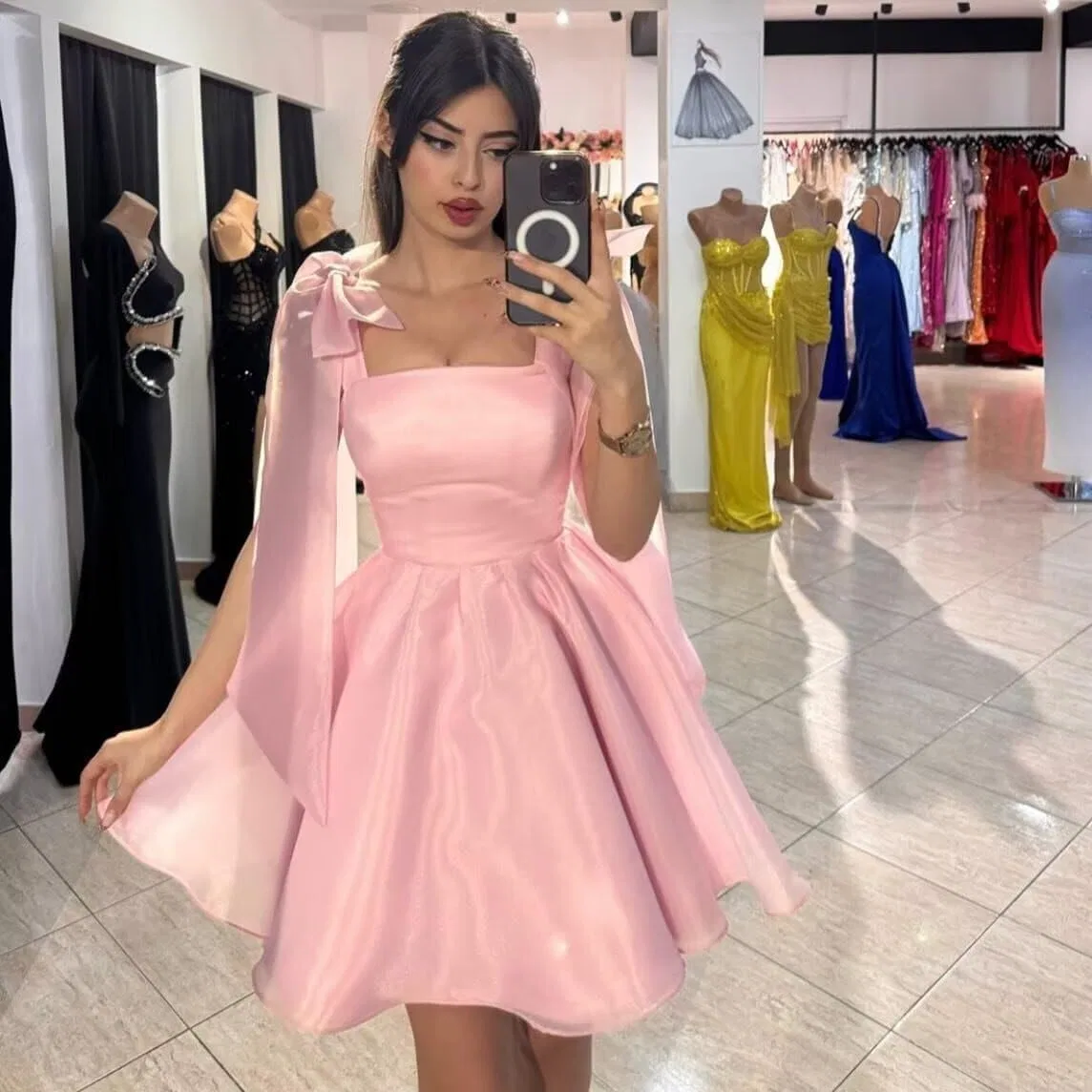 Женское короткое платье из фатина с корсетом и бантом, Peach Pink — фото 2