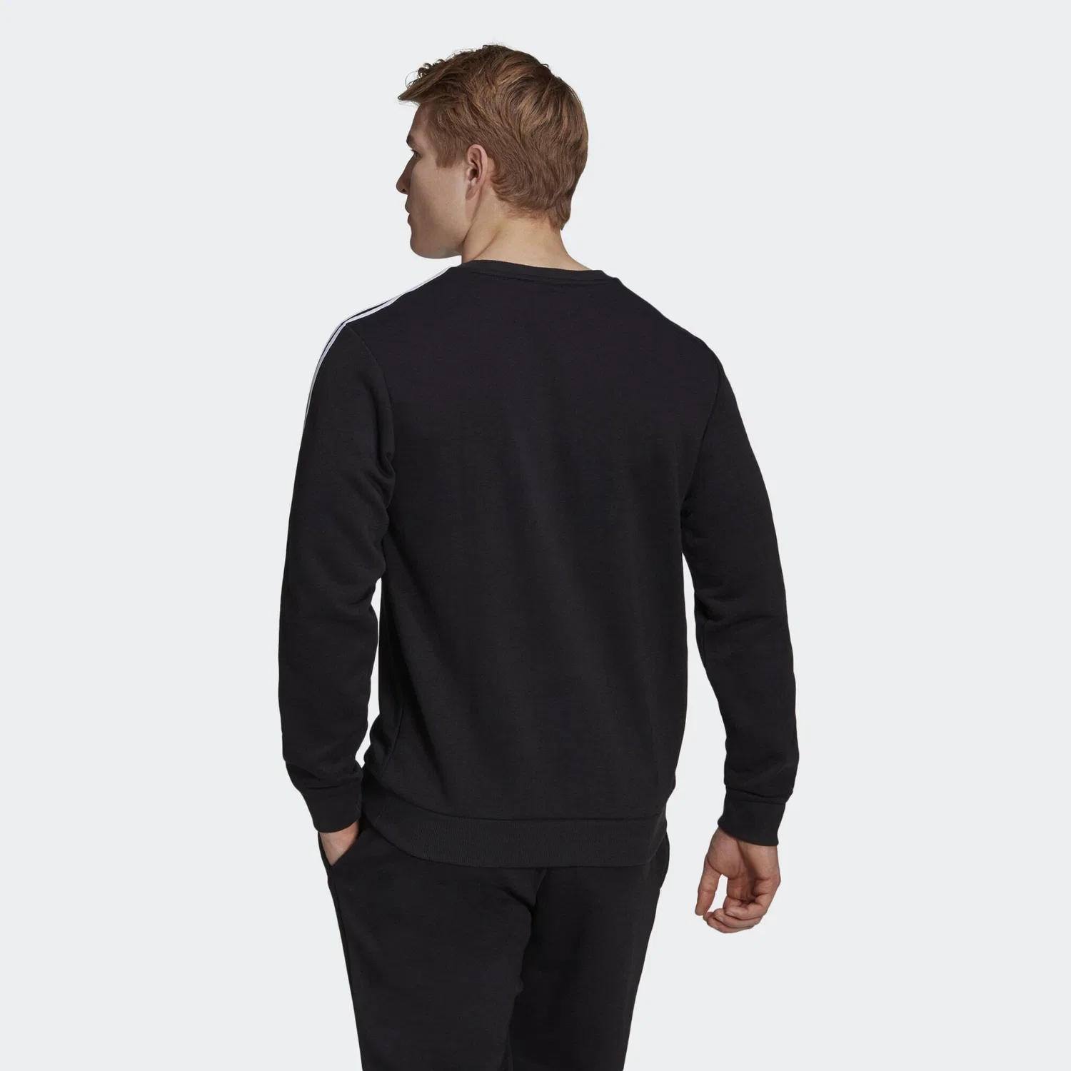 Мужской хлопковый свитшот Adidas Essentials French Terry 3-Streifen Sweatshirt, Черный Белый — фото 3