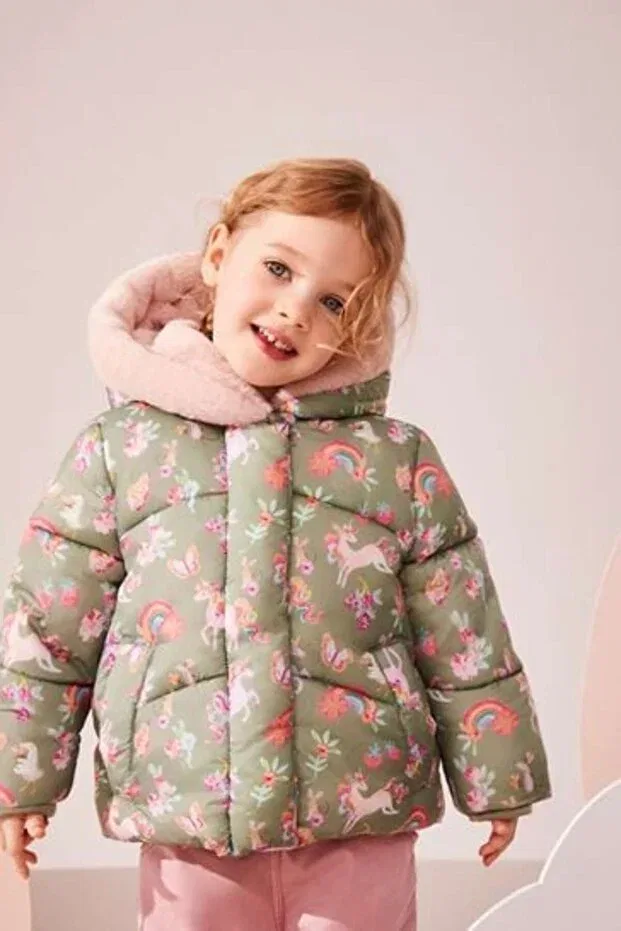 Детское зимнее пальто с капюшоном Green Unicorn Patterned Full Fleece Lined Hooded Coat Next Baby, Green