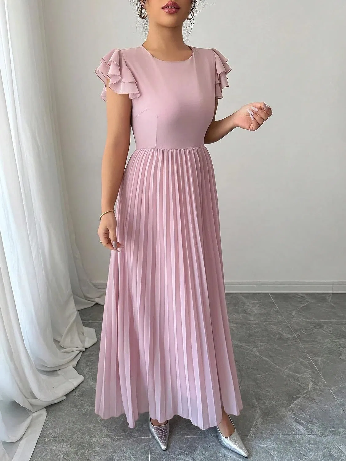 Женское элегантное плиссированное платье A-силуэта с воланами, Pink — фото 4