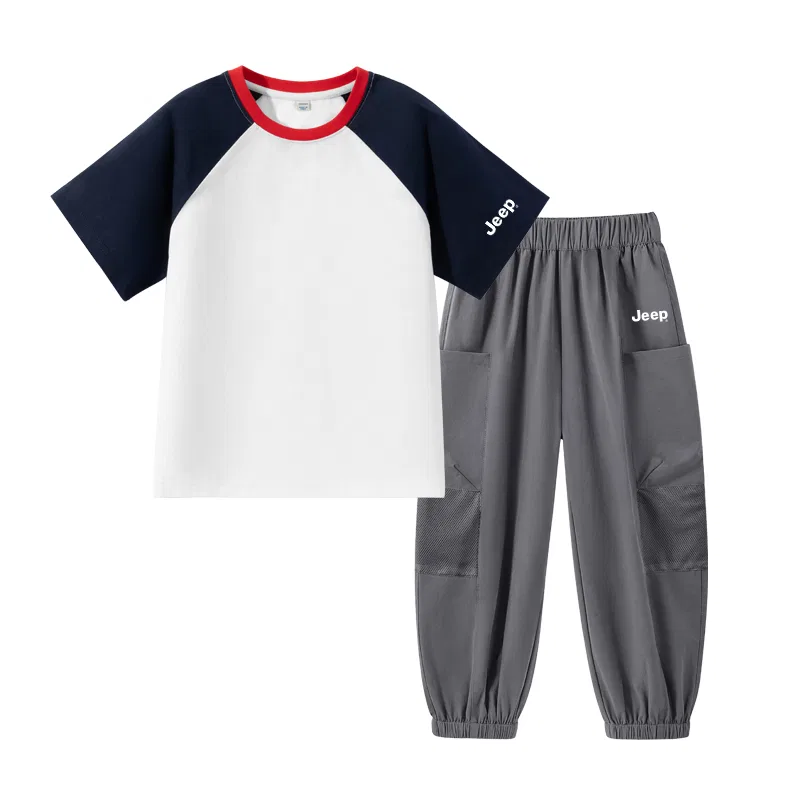Детский спортивный комплект с принтом Jeep, Navy Blue/E White Text Lower Left Sleeve K-Iron Gray/E White Logo K