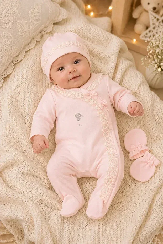 Детский комбинезон для девочек с принтом Girl butterfly lace 3 piece jumpsuit set Imajbebe, Salmon — фото 3