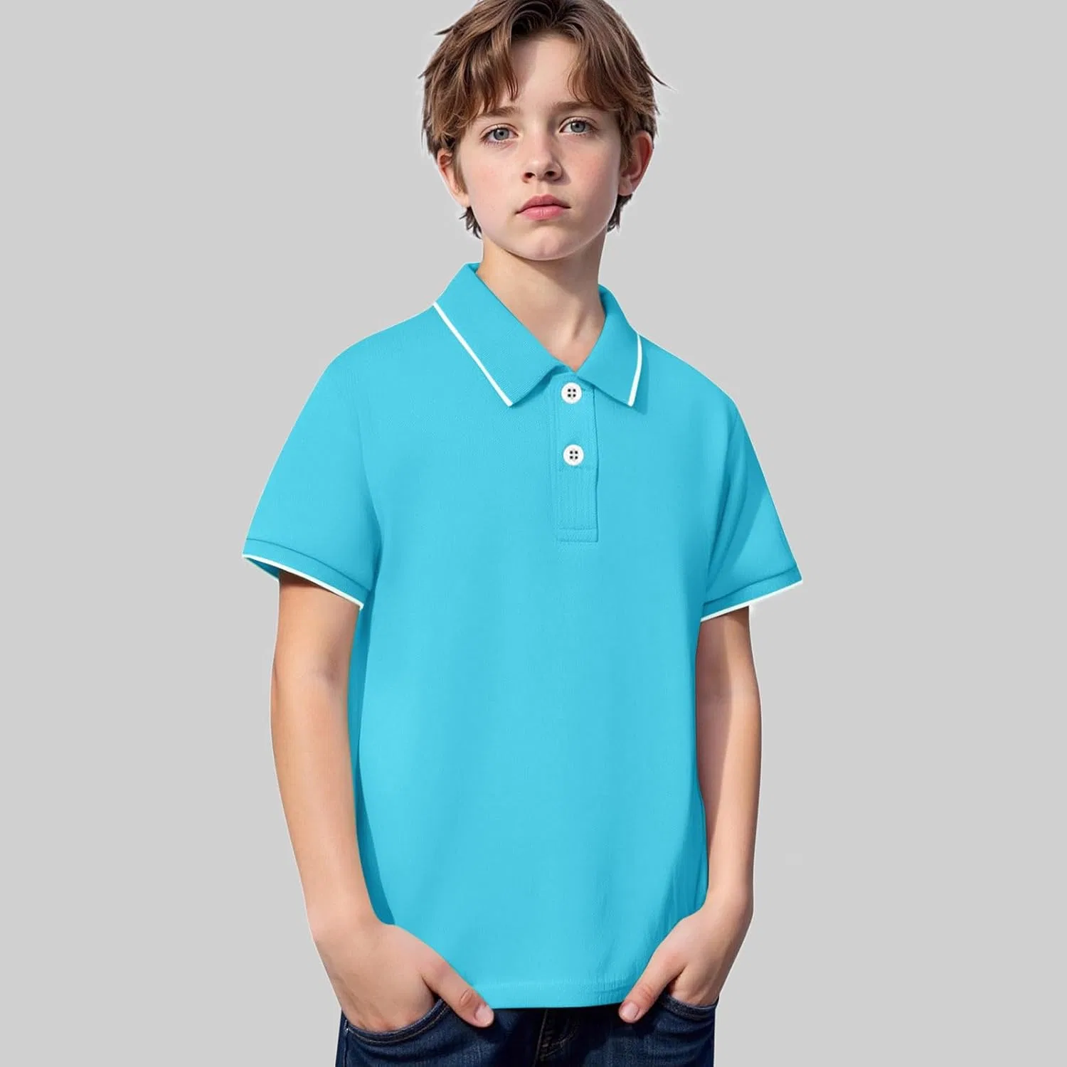 Поло для мальчиков, хлопок, дышащая ткань, Zc24- Light Blue — фото 2