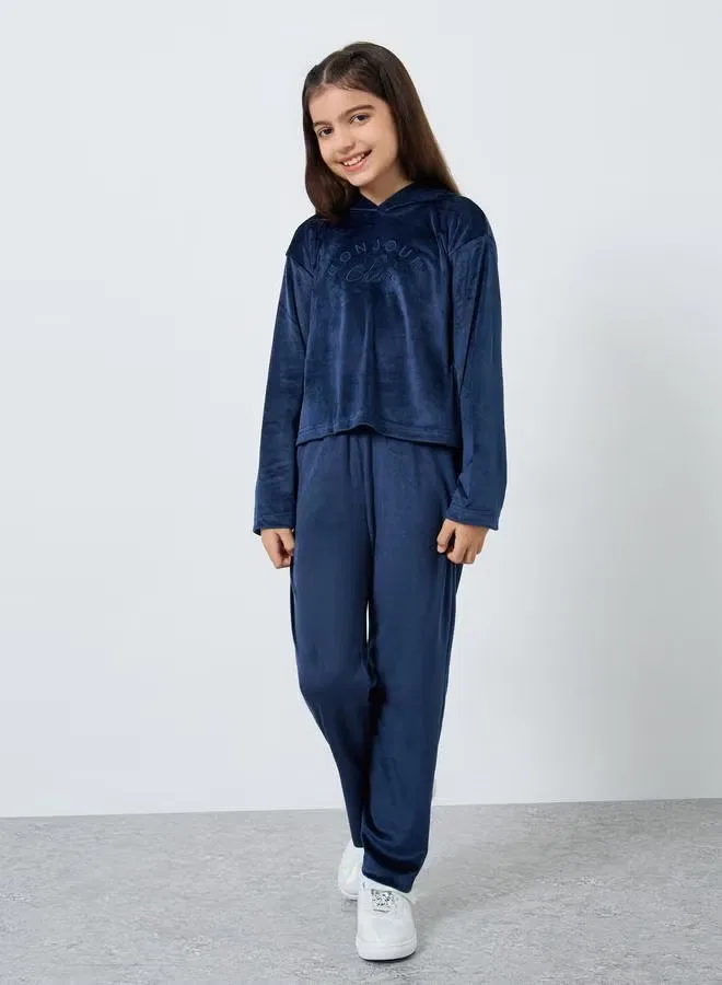 Комплект из футера с вышивкой Teens velour embroidered hoodie and joggers set Styli, темно-синий