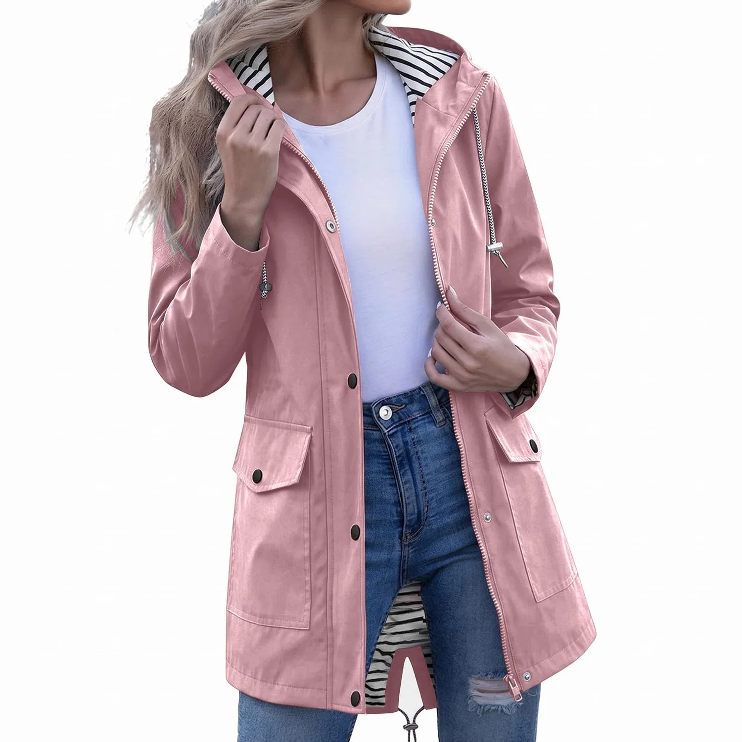 Женский легкий дождевик с капюшоном и молнией, в полоску, A20 Rosa
