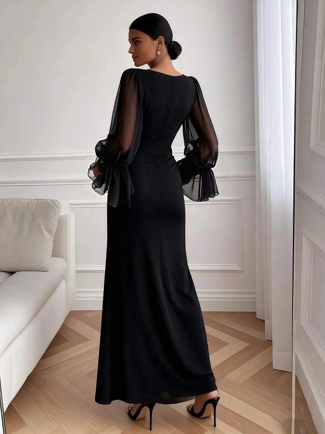 Женское вечернее платье с кружевными длинными рукавами, Black — фото 3