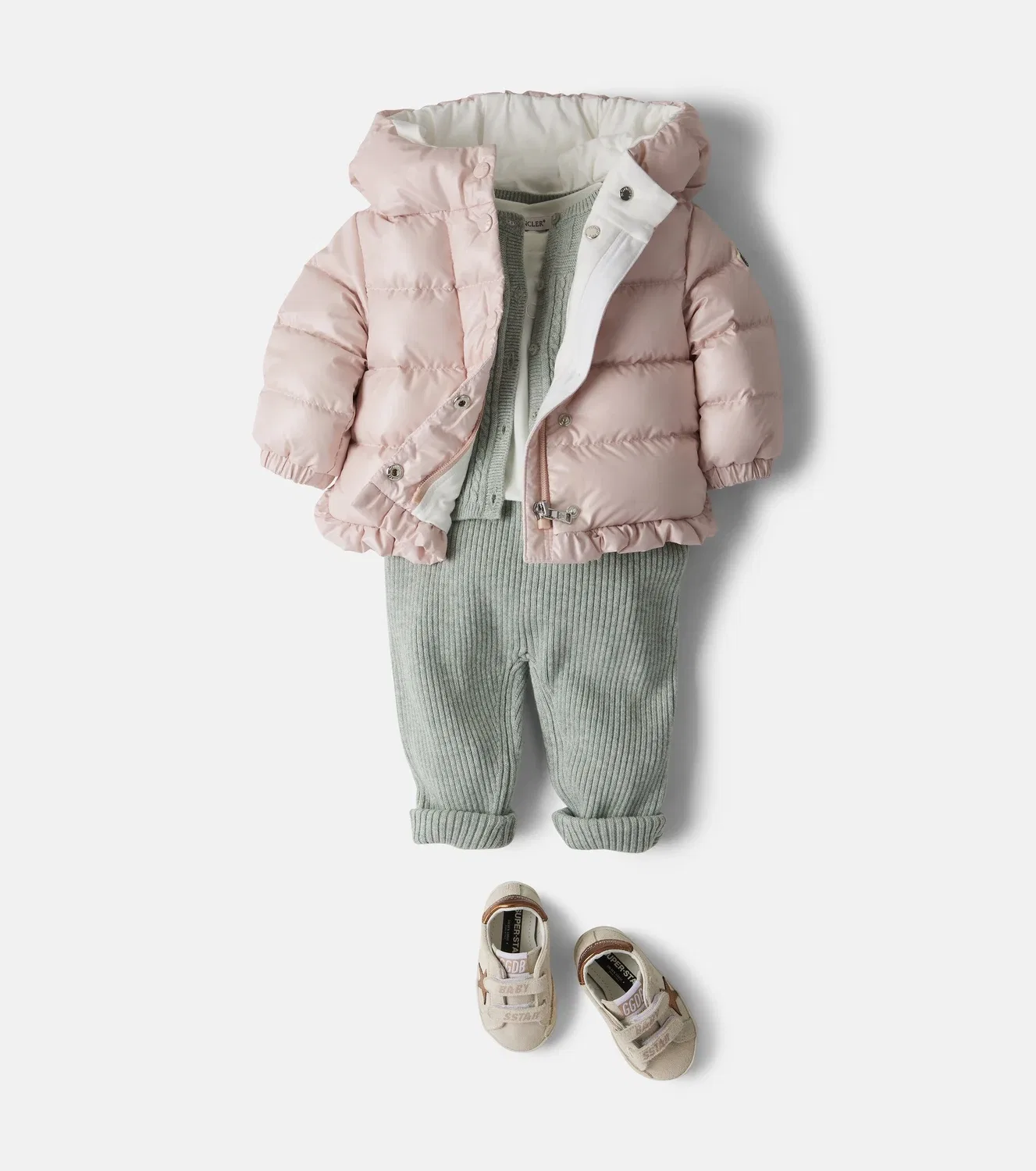 Детский пуховик с капюшоном и оборками Moncler Enfant, розовый — фото 2