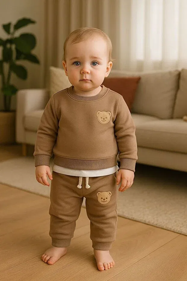 Детский комплект из свитшота и брюк с вышивкой Teddy milk coffee Şapkakids, Coffee With Milk — фото 3