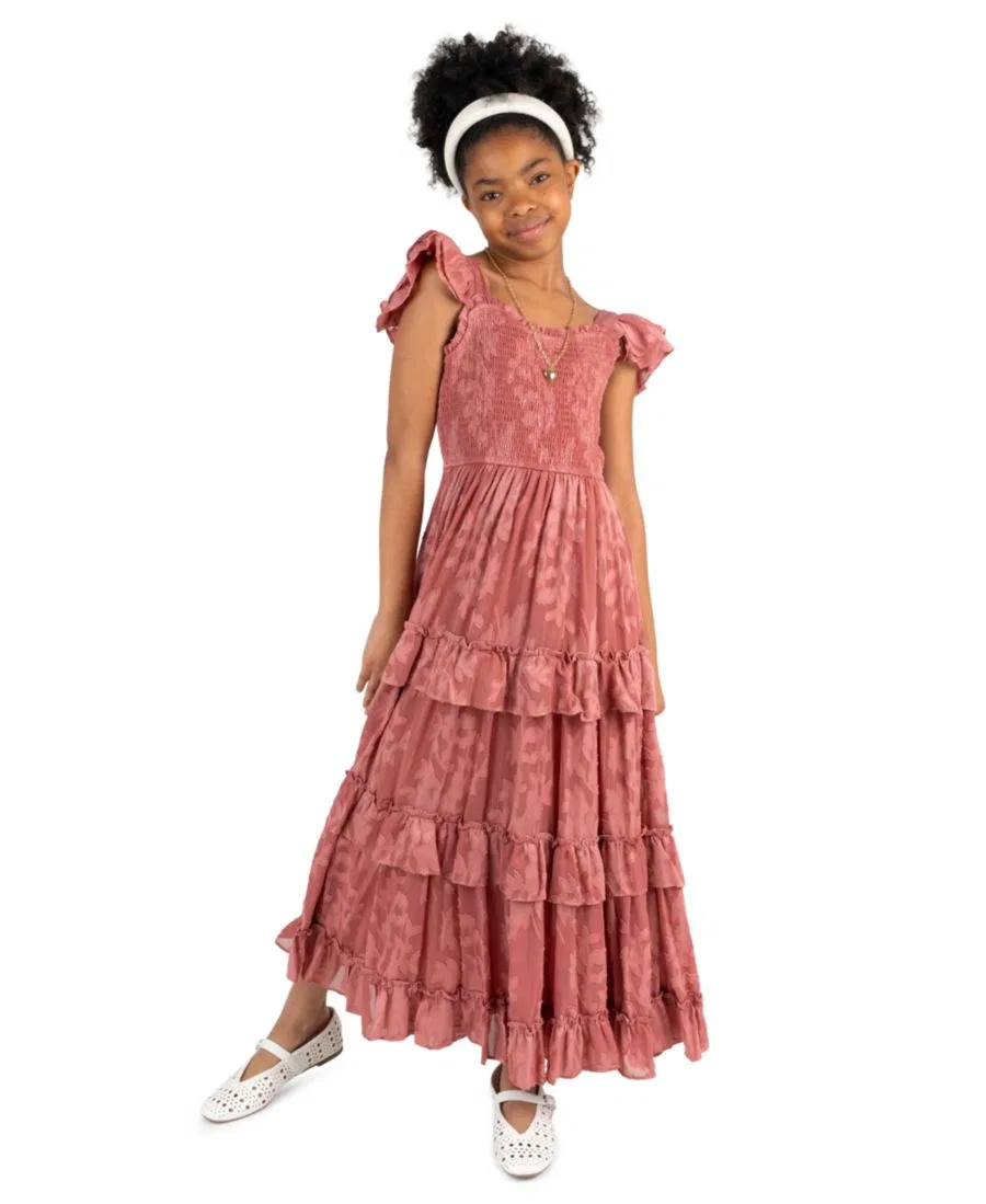 Платье макси из шифона с запахом и рюшами, модель Burnout Chiffon Smocked Sweetheart Neck Tiered Maxi Dress Rare Editions, Rose