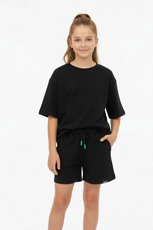 Детские шорты для девочек хлопковые Belted Lace-Up 100% Cotton Girls Shorts Newkids, Black — фото 3