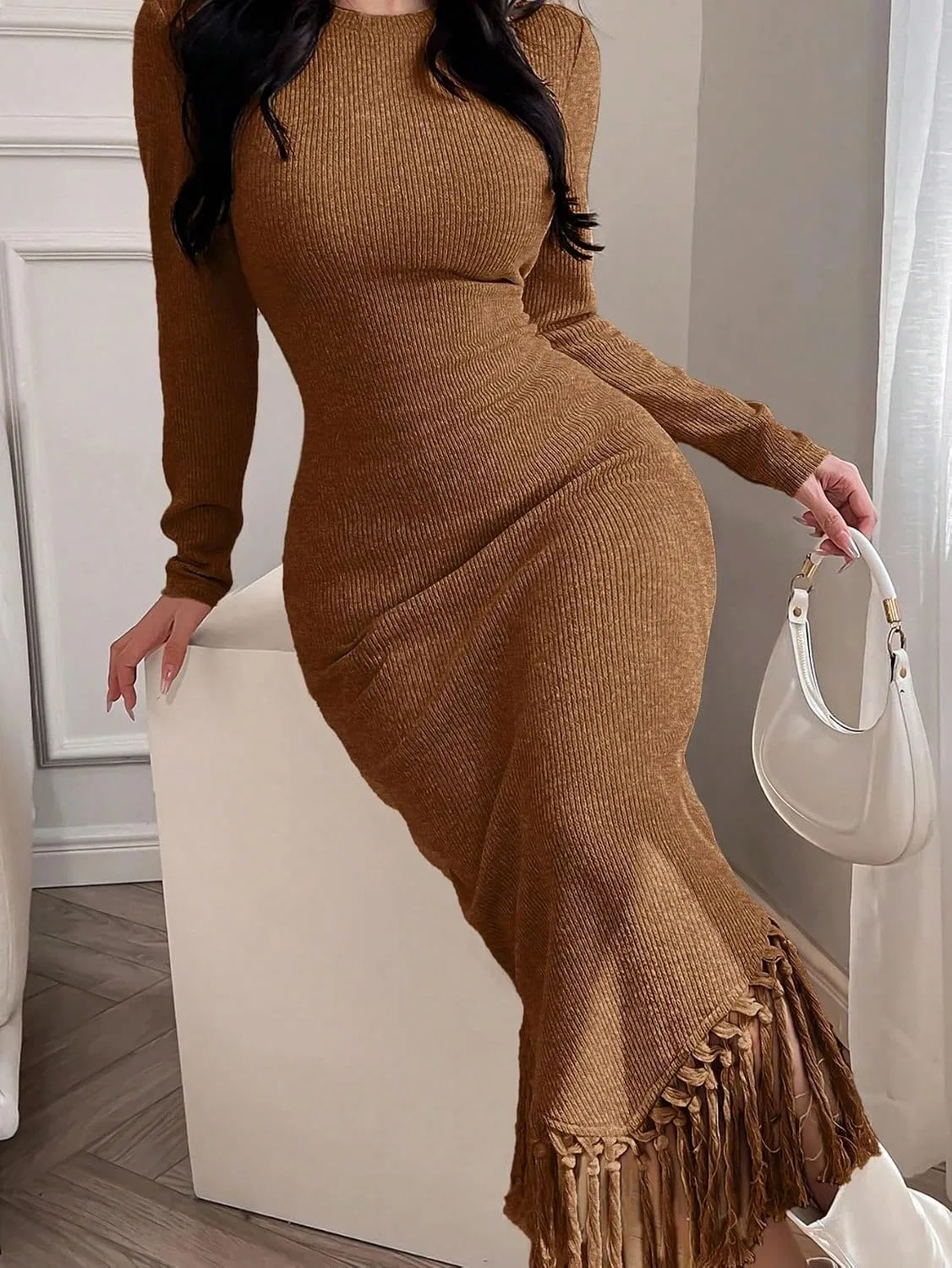 Женское облегающее длинное платье с бахромой, Coffee Brown — фото 2