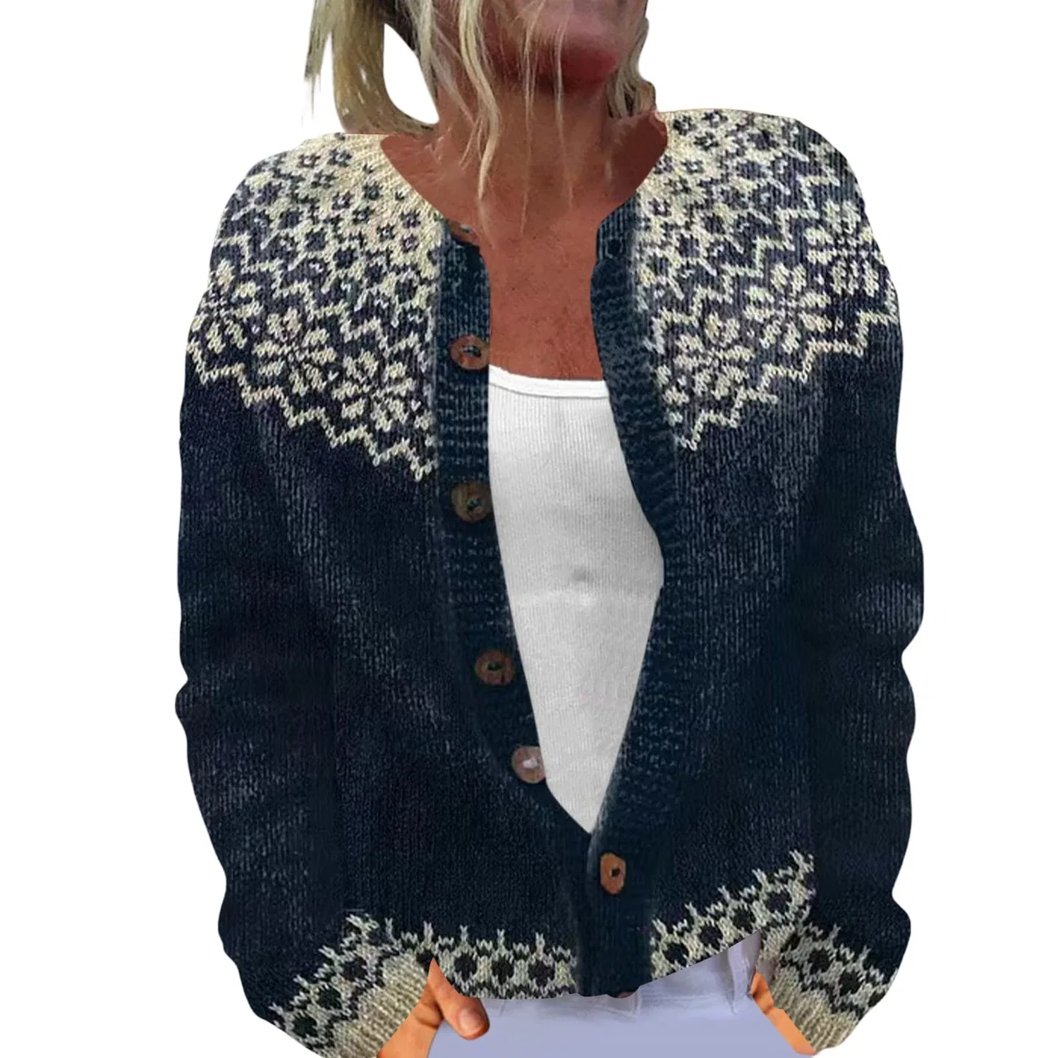 Женский кардиган с нордическим узором Fair Isle с длинным рукавом, Dark Blue-g