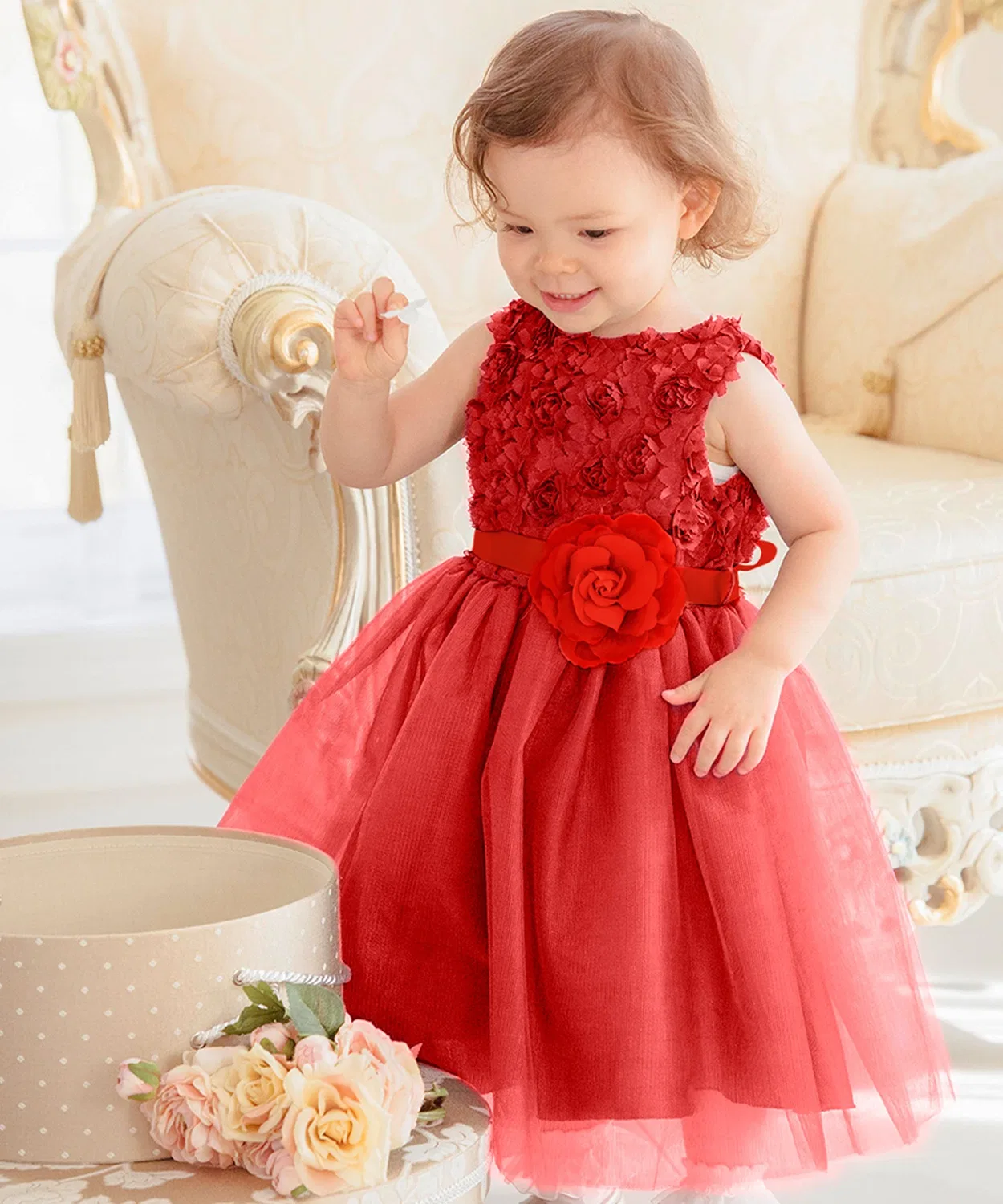 Детское платье для девочек с розовым ламé и тюлем Rose Lame Baby Dress Catherine Cottage, Red