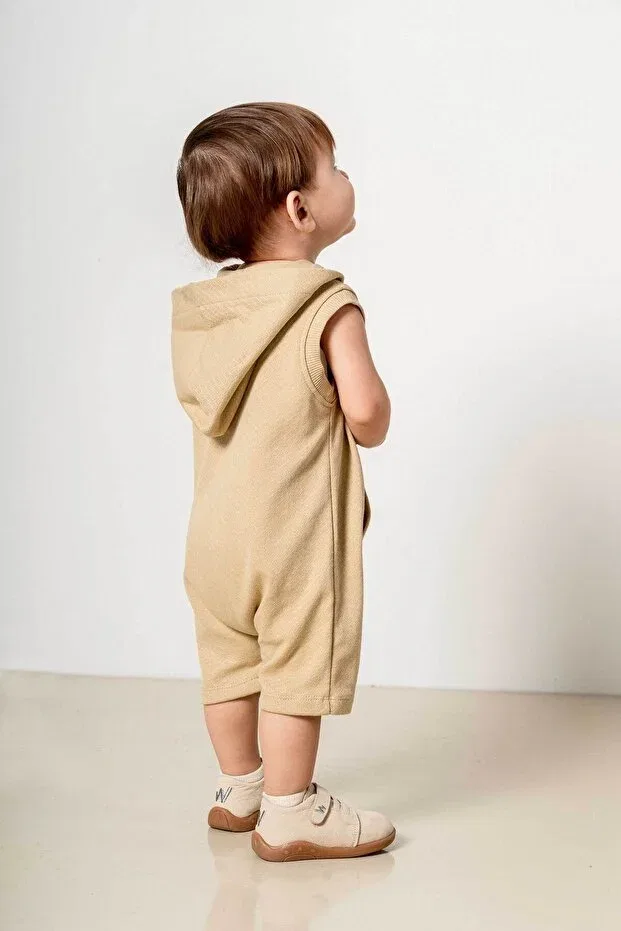 Детский комбинезон для новорожденных хлопковый с капюшоном Basics Bombe, Beige — фото 4