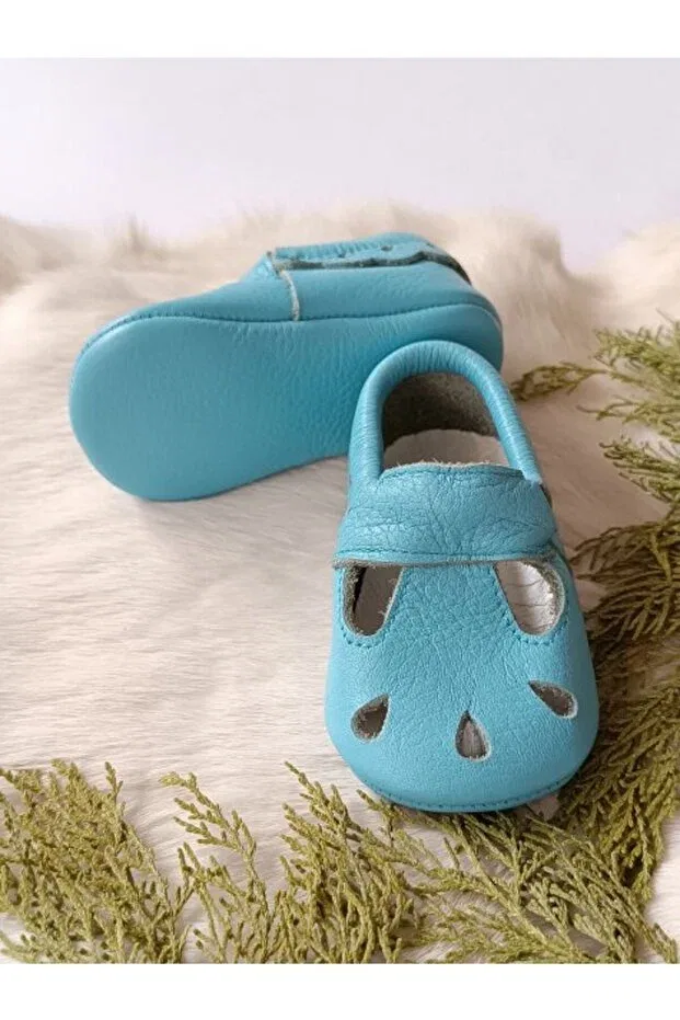 Детские пинетки для новорожденных кожаные Wizy baby blue genuine leather baby booties moccasin Hodore, Baby Blue — фото 2
