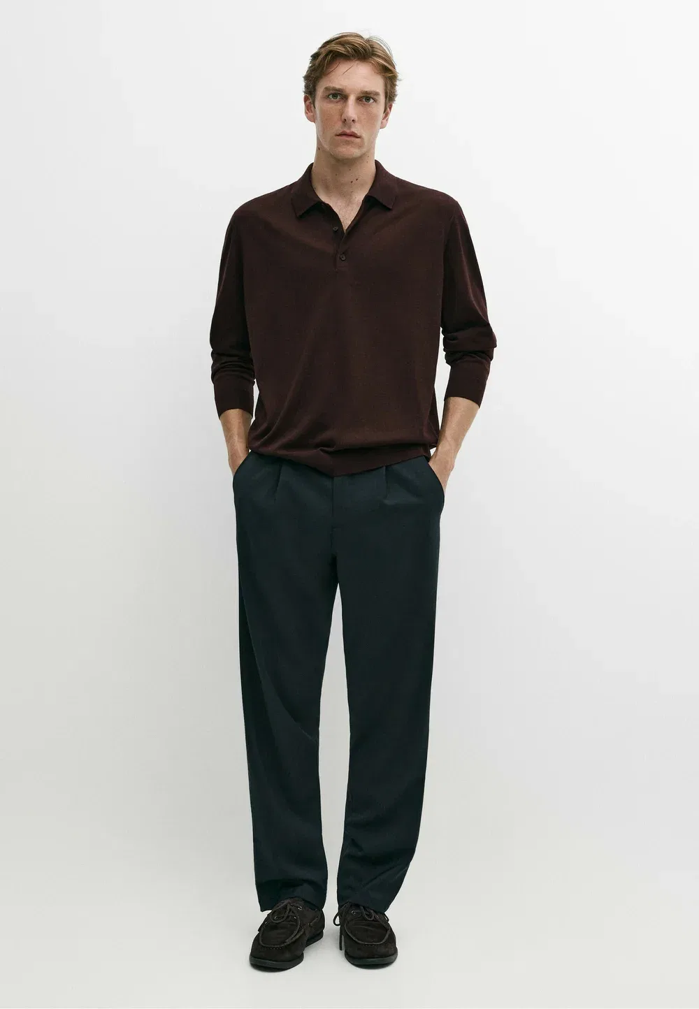 Вязаный поло-свитер из 100% мериносовой шерсти - рубашка поло Massimo Dutti, Bordeaux — фото 2