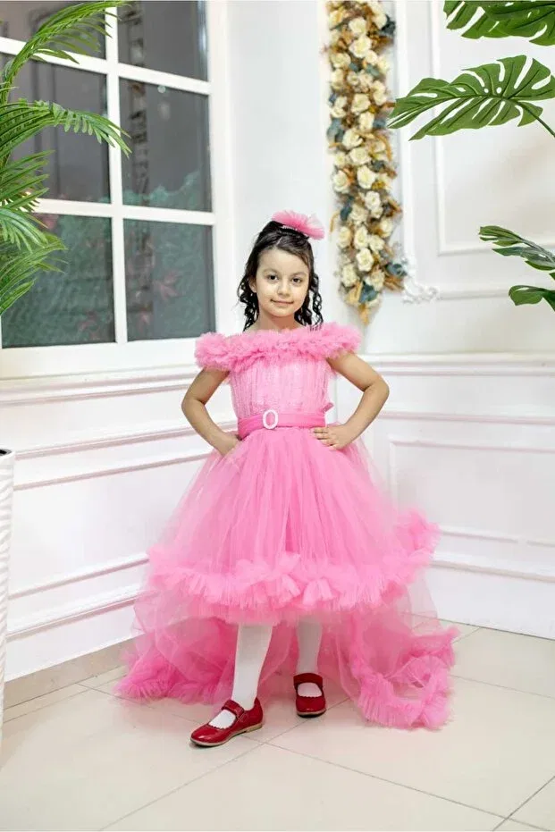 Детское платье для девочек с пайетками Princess tail belt patterned model Zde Dikim Evi, Pink