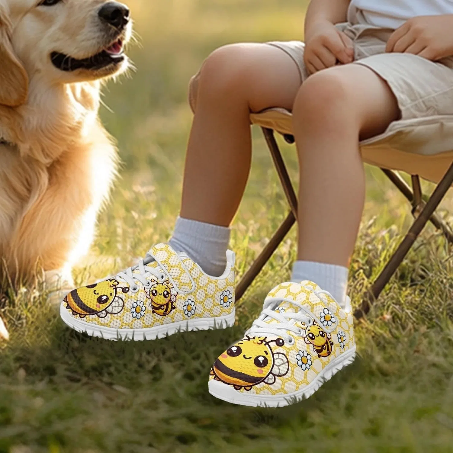 Детские кроссовки с антискользящим ремешком Micoklinlin, Cartoon Bee White — фото 2