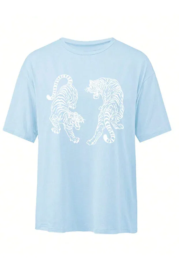 Детская футболка с принтом Unisex men/women tiger colorful custom printed oversize cotton crew neck t-shirt Revasser, Babe Blue — фото 3