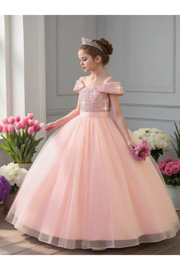 Детское платье для девочек с пайетками Elegant sequined off-shoulder tulle dress princess evening dress Miço Kids, Powder