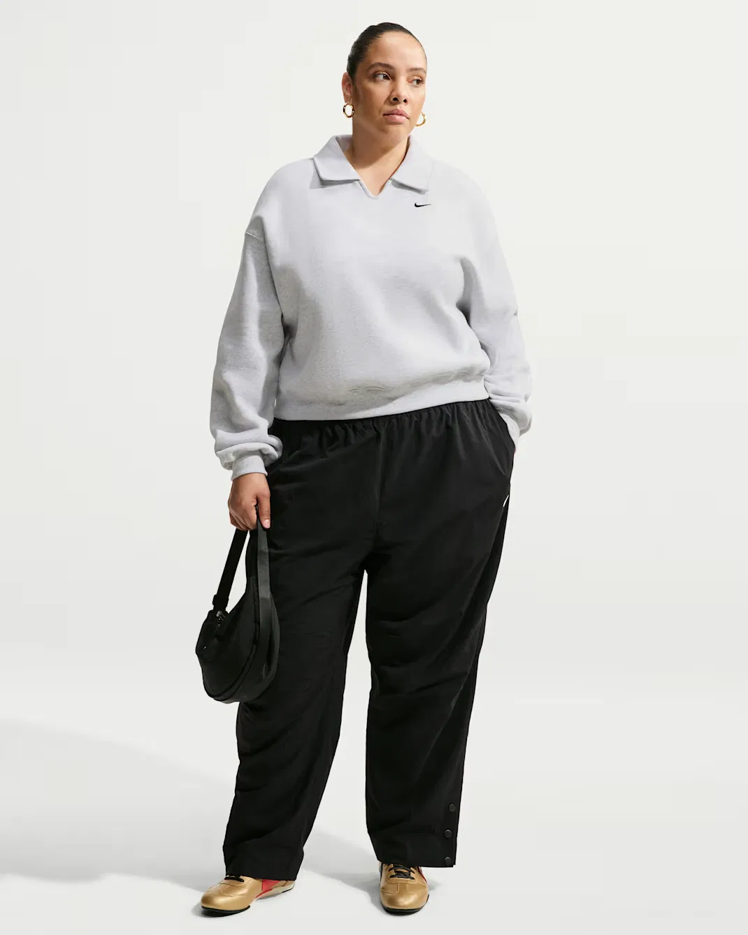 Женская укороченная рубашка-поло свободного кроя Nike Studio Fleece Medium Weight, Birch Heather/Black — фото 4