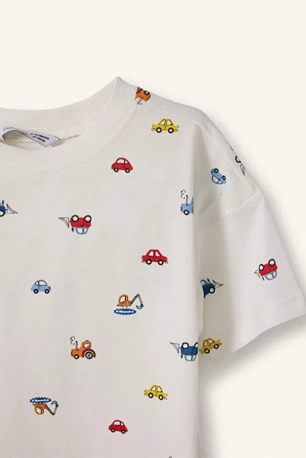 Детская футболка с принтом для мальчиков Regular Fit Vehicle Patterned Short Sleeve White T-Shirt Baby Boy Defacto, White-Wt34 — фото 2