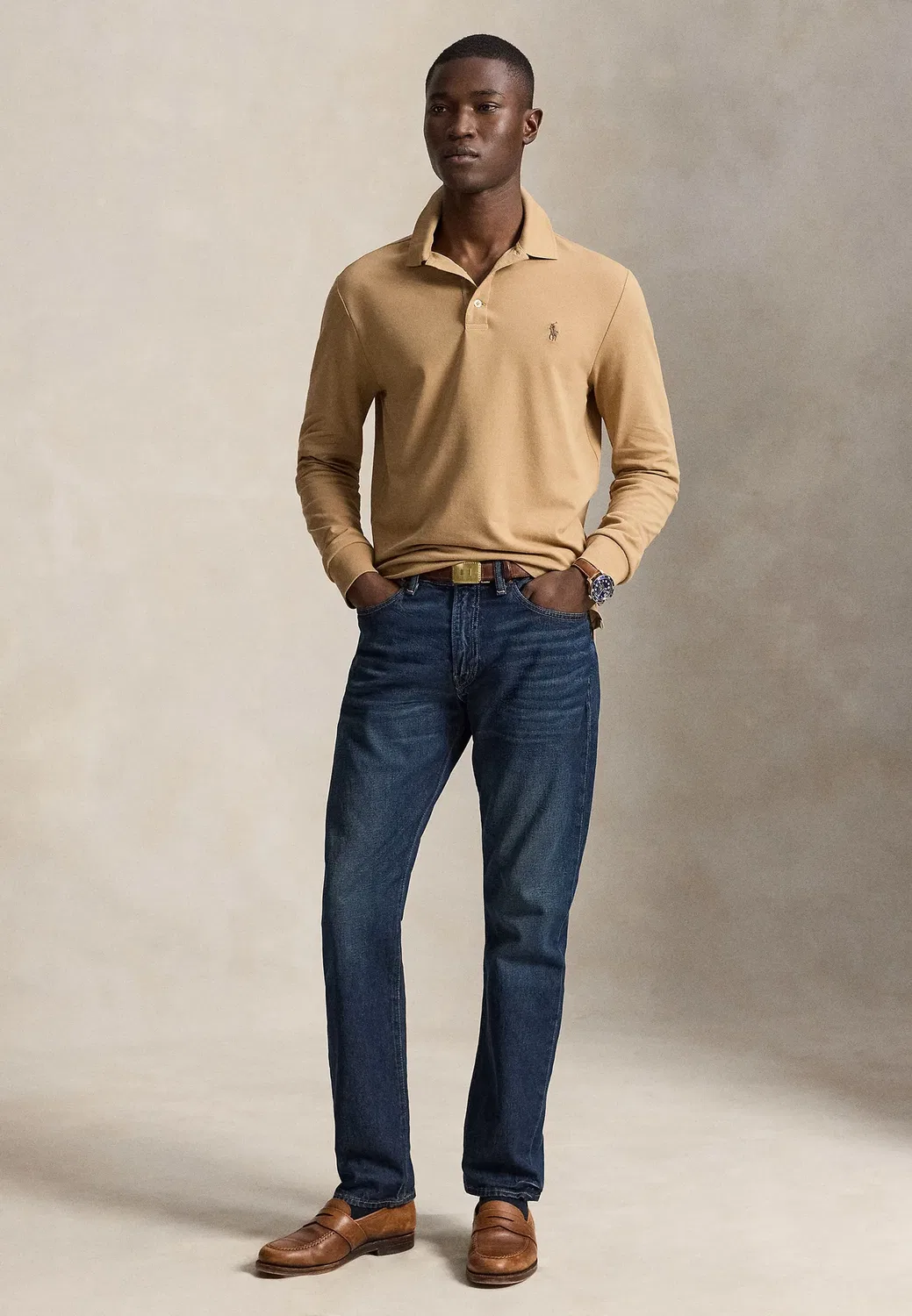 Поло-Рубашка приталенного кроя из эластичной сетки с длинными рукавами Polo Ralph Lauren, Classic Camel — фото 2