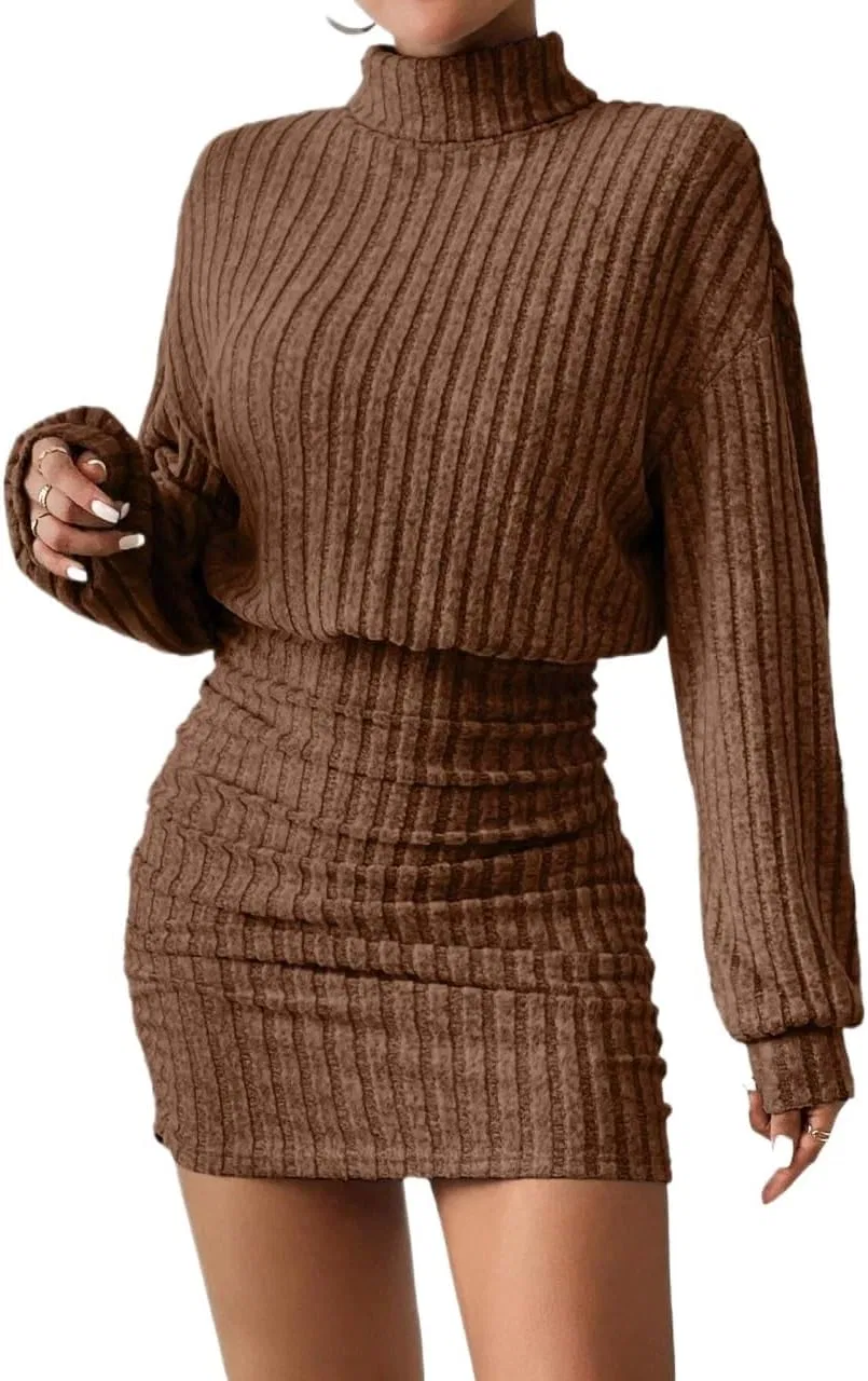Женское облегающее платье с высоким воротом Drop Shoulder, Brown