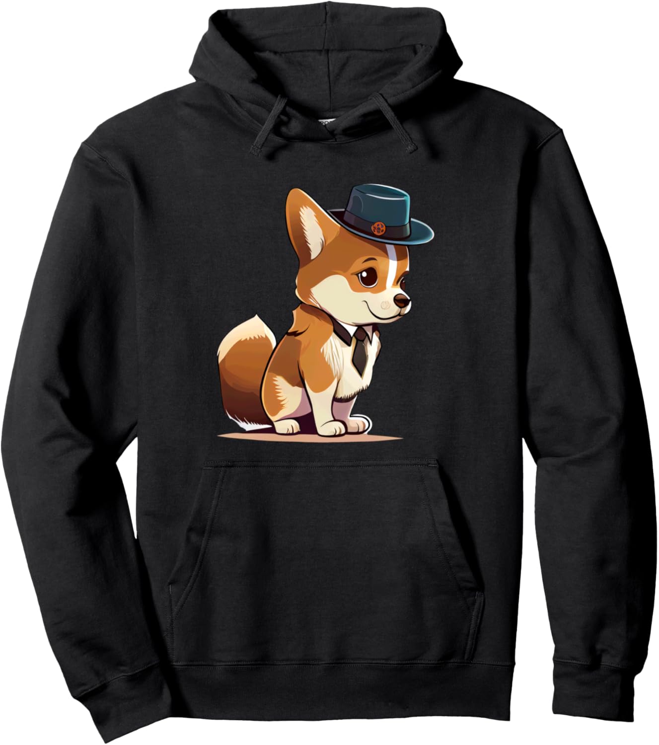 

Толстовка с изображением очаровательной собачки корги в шляпе Cute Corgi Dog In Hat Tail Wagging Cartoony Style, черный