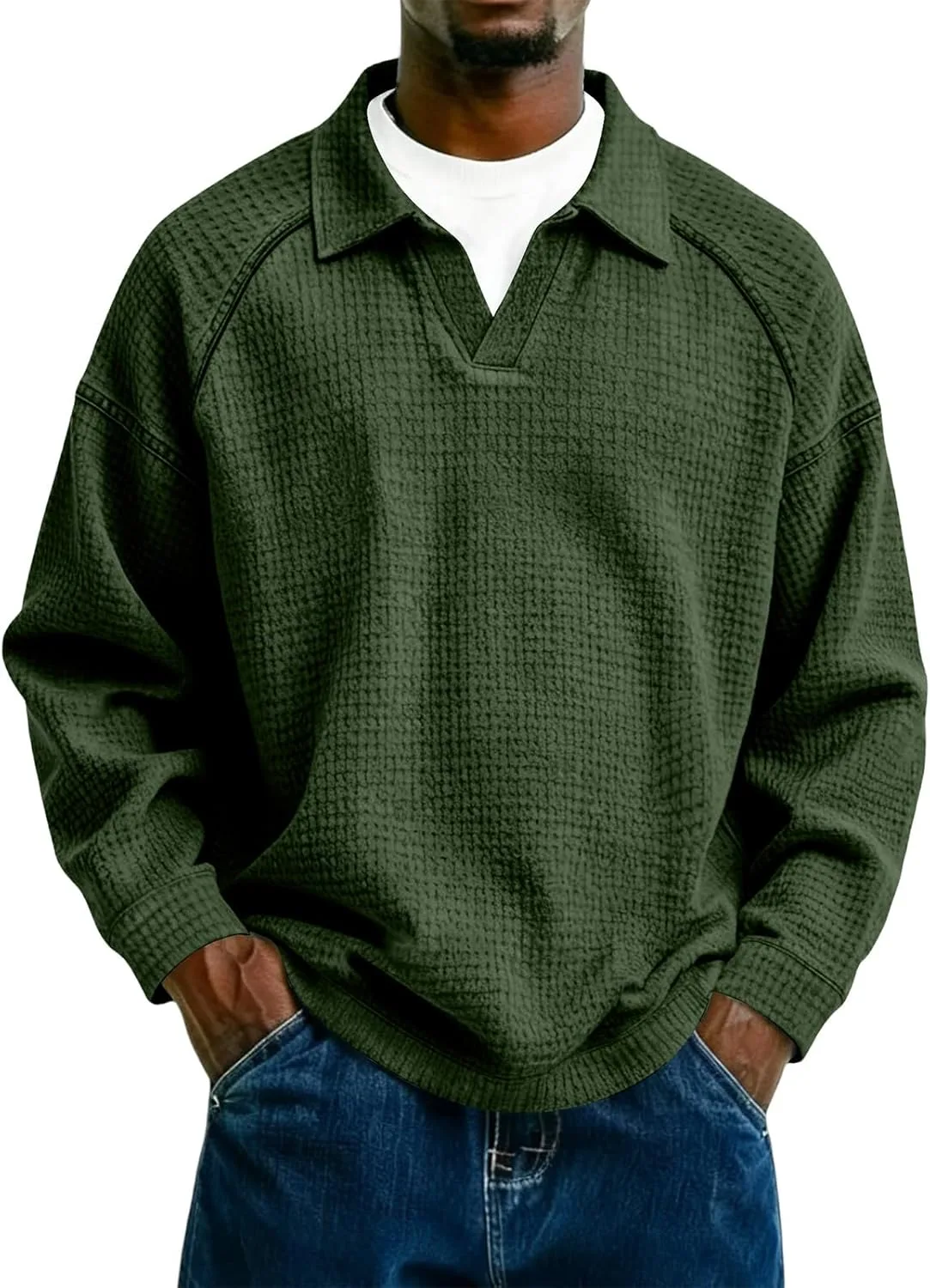 

Мужская поло с длинным рукавом, вязаная вафельным узором, Casual Regular Fit, S-4XL