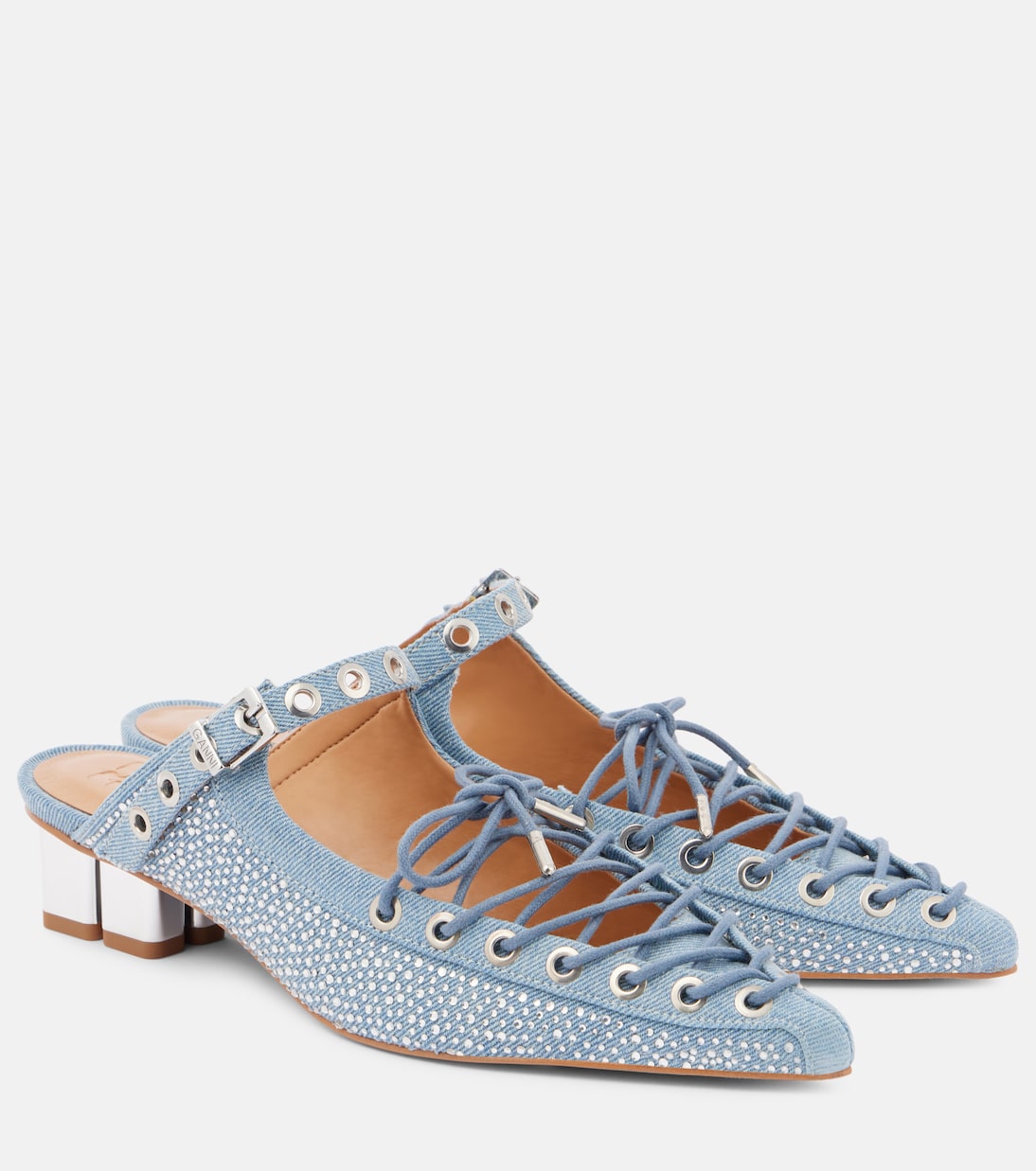 Мюли из денима со шнуровкой и декором Ganni, Faded Denim
