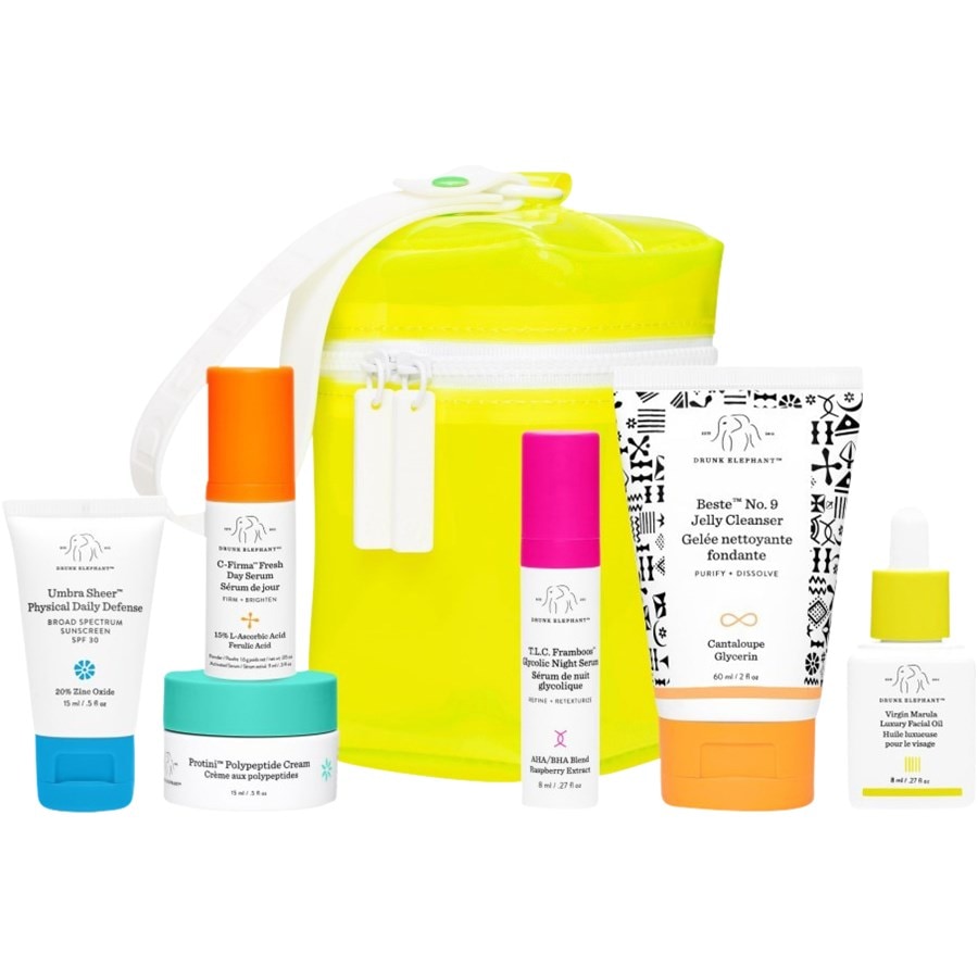 

Крем для лица Drunk Elephant The Littles 6.0, C-Firma Fresh Day Serum 9 ml + Protini Polypeptide Cream 15 ml + Umbra Sheer Physical Daily Defense SPF 30 15 ml + Beste No. 9 Jelly Cleanser 60 ml + T.L.C. Framboos Glycolic Night Serum 8 ml / 1 Stk...