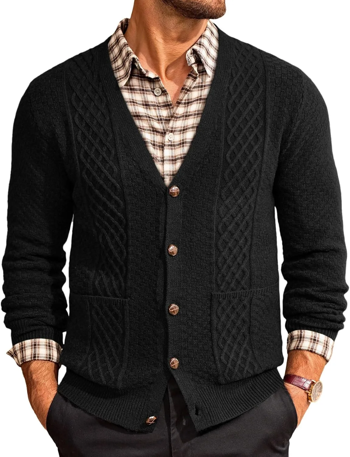 

Кардиган Runcati мужской V-образный вырез с кабельным узором и карманами