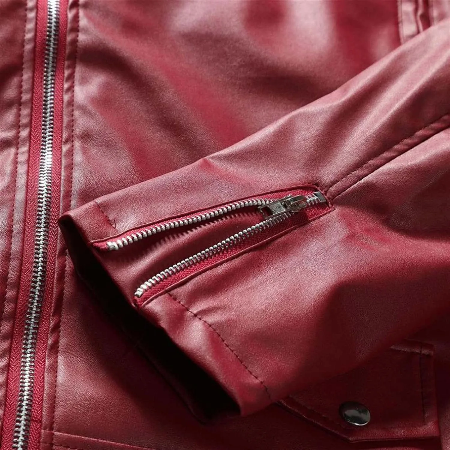 Кожаная куртка для мужчин, Faux Bomber Jacket, мотоциклетная куртка с лацканом-вырезом, Moto Biker Coat, застежка-молния, бомбер, верхняя одежда Generic, красный — фото 3