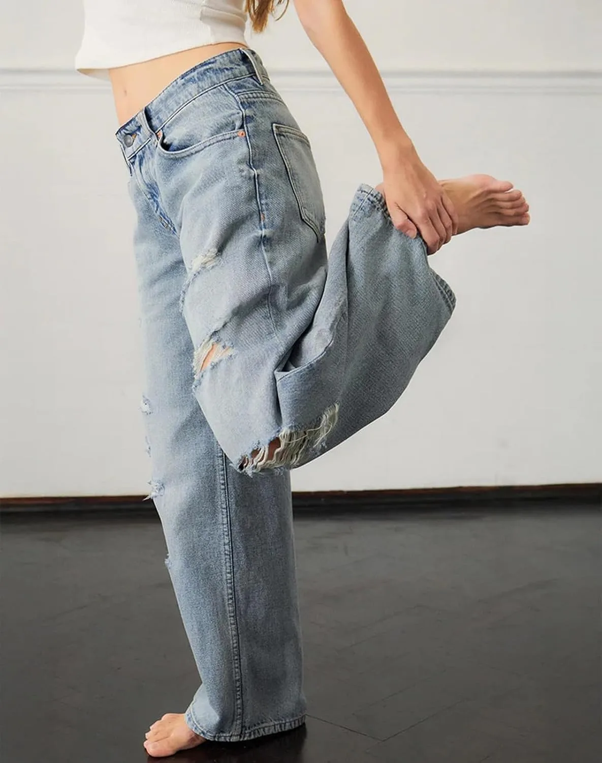 Женские рваные джинсы Baggy Wide Leg в стиле Y2K Streetwear — фото 4