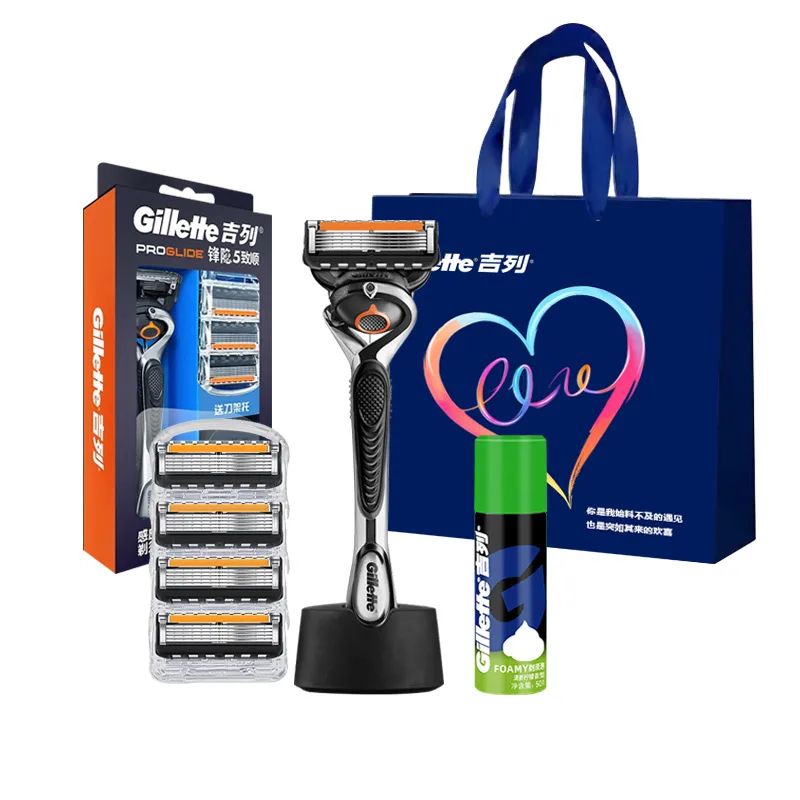 Мужская бритва с 1 держателем, 4 сменными головками и 1 подставкой Gillette, Feng Yin Zhi Shun 4-Blade Head+Shaving Foam+Sweet Love Gift Bag