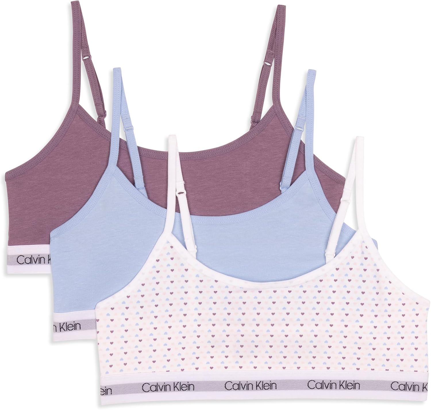 

Укороченные хлопковые бюстгальтеры-бралетты Calvin Klein для девочек, упаковка из 3 шт., Pink Multi Heart/Rushing Waters Blue/Refined Plum