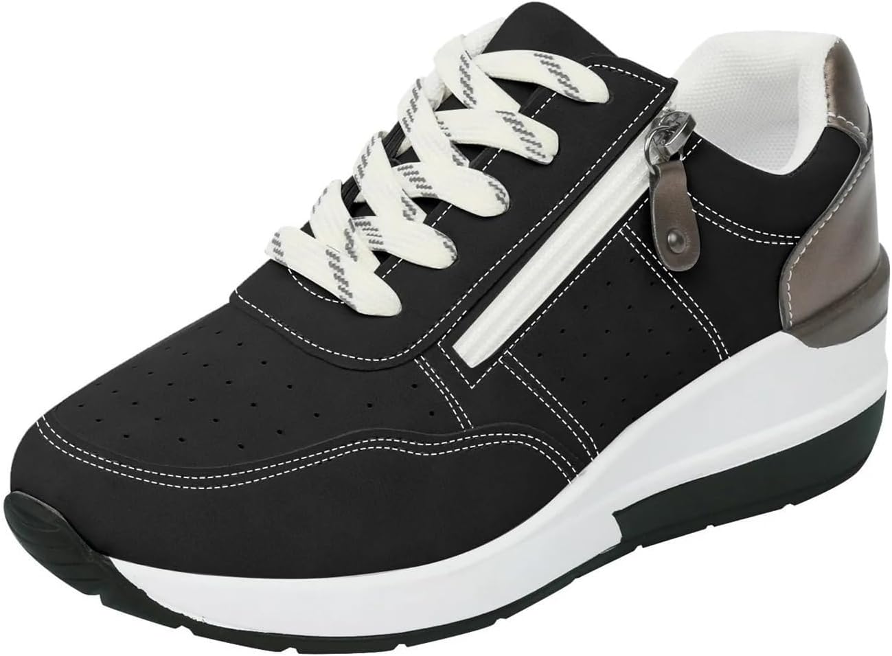 

Женские слипоны Kubbon с молнией сбоку, низкие кеды на танкетке с шнуровкой, поддержкой свода стопы, лоферы с скрытым каблуком, нескользящая подошва, повседневная обувь для прогулок, черный