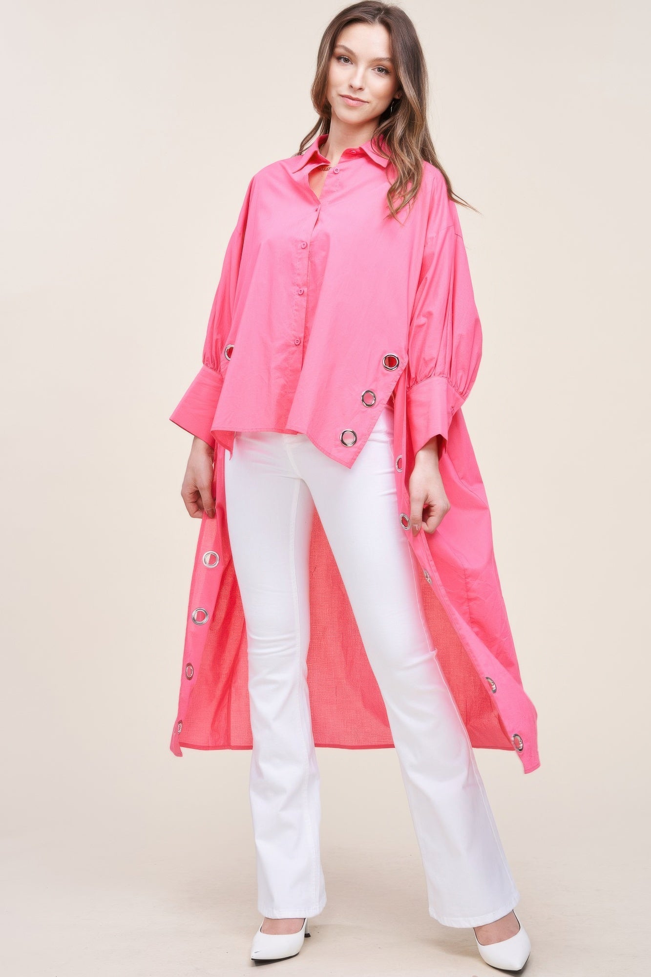 

FASHNZFAB Женская свободная рубашка с удлиненной спинкой, розовый