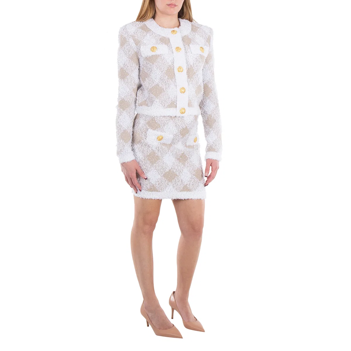 Юбка мини с клетчатым принтом и ребристым низом Balmain, Blanc/ Beige — фото 4