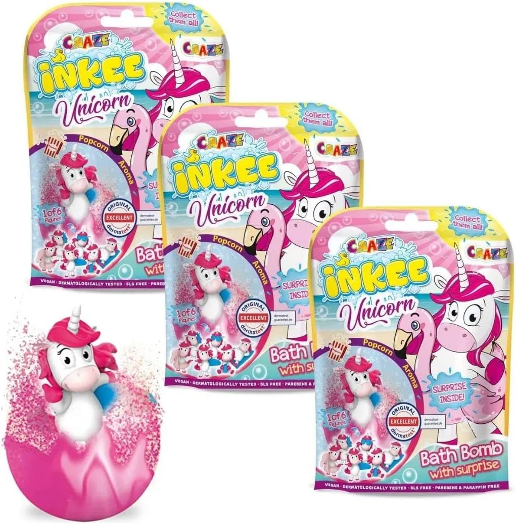 Детская бомбочка для ванны INKEE Unicorn Beach, 3 x 100 г, с попкорн ароматом, Unicorn Beach
