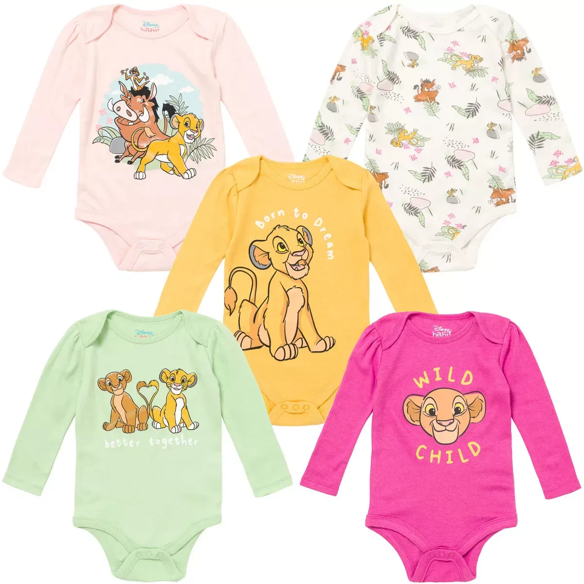Детский боди-комбинезон с длинным рукавом набор 5 шт Disney Classics Lion King Pumbaa Princess Ariel Timon Baby Girls Disney, Lion King