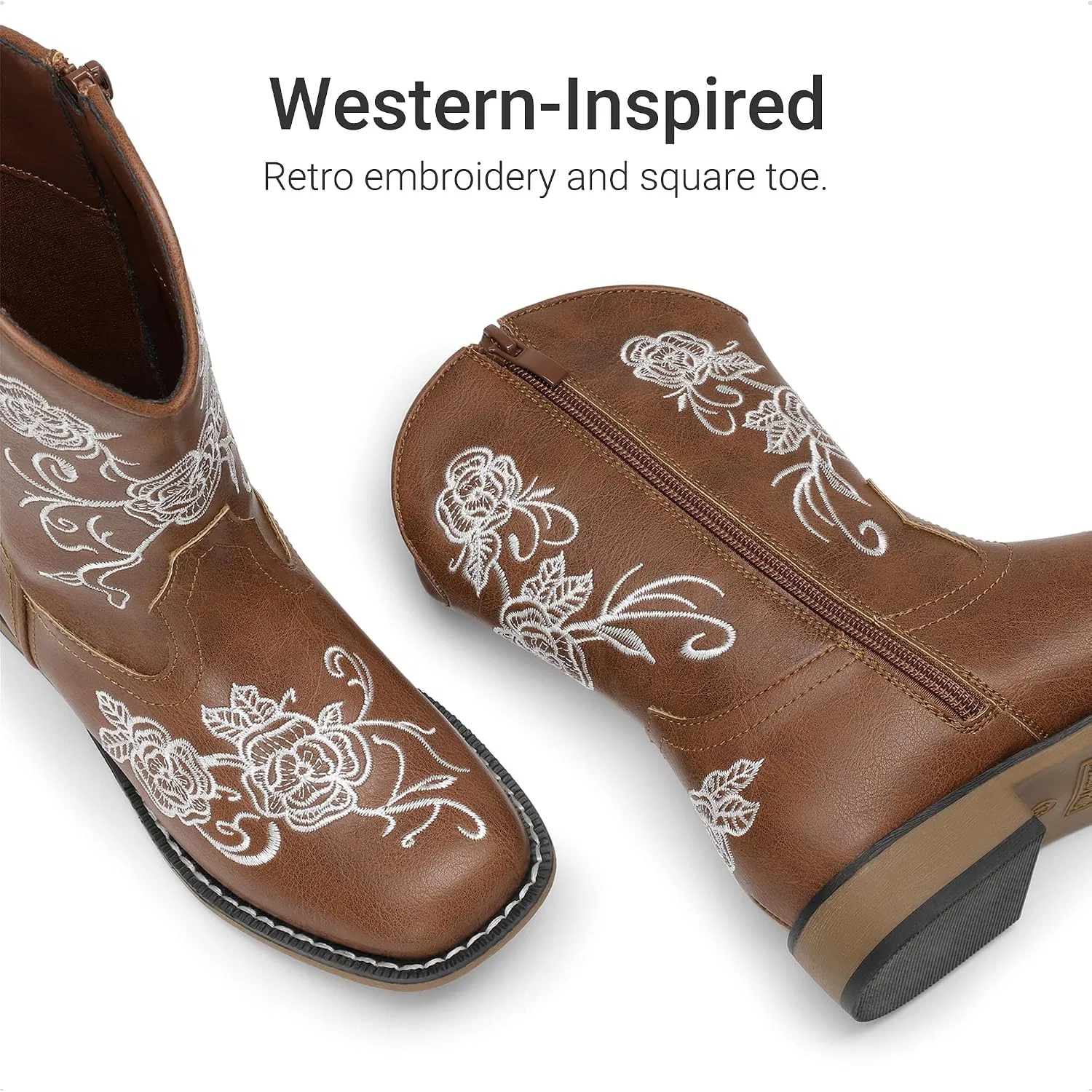 Детские сапоги для девочек с цветочной вышивкой Western DREAM PAIRS, Brown — фото 3