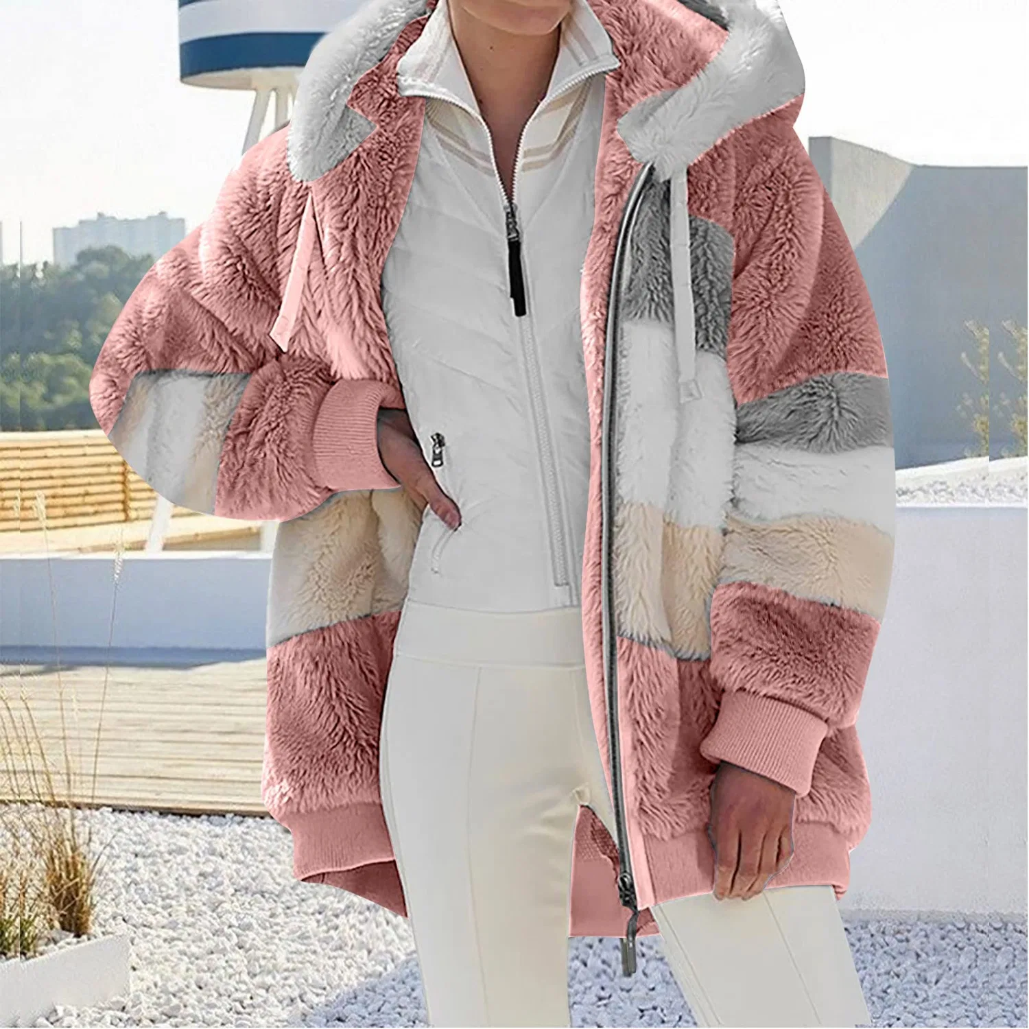 Женское утепленное пальто с капюшоном и принтом, Oversized Plus Size Teddy Hoodie, pink — фото 2