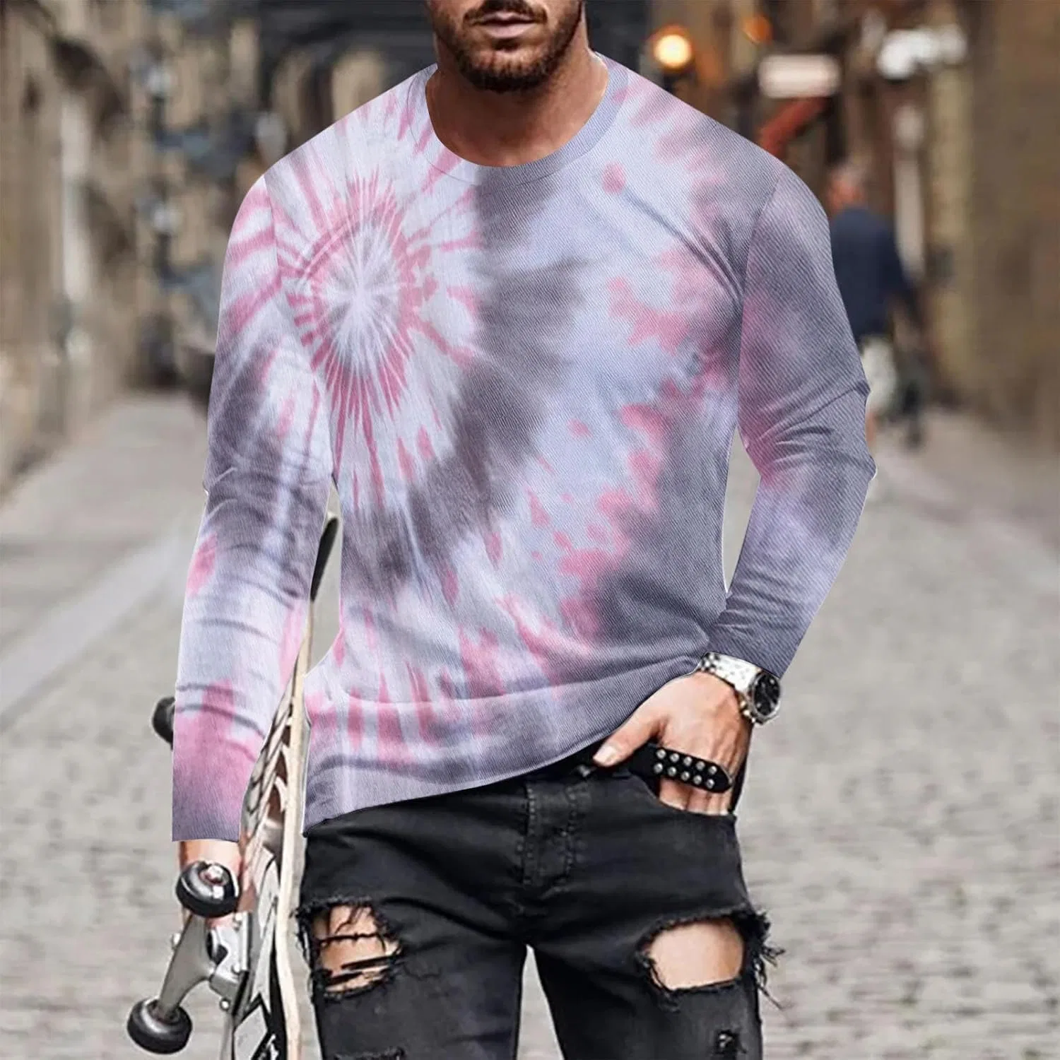 Мужская футболка с длинным рукавом с принтом Tie Dye, Gray — фото 2